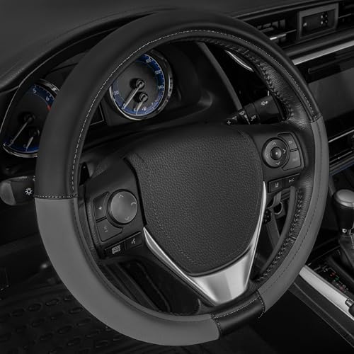Cat® ErgoDrive Car Steering Wheel Cover with Dark Gray Grip, Black Faux Leather Steering Wheel Cover for Auto Truck Van SUV - Standard 14.5" - 15 Inches - color: Dark Gray/Black, size: Standard (14.5-15")