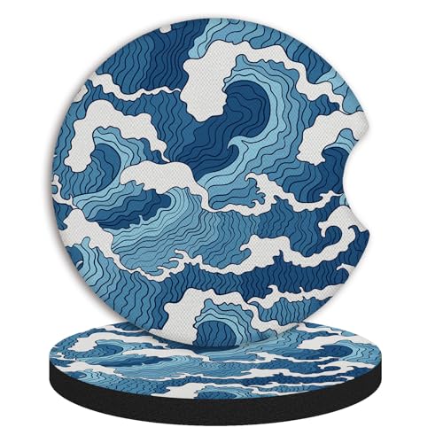 2pcs Car Cup Holder Coasters Sea Wave Pattern Car Coasters，Universal Auto Anti Slip Coasters,Rubber Car Coasters with A Finger Groove, Cute Car Accessories for Women&Men - color: Sea Wave
