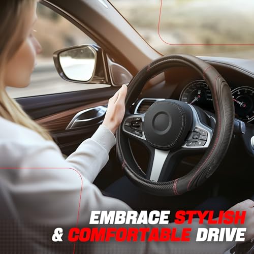 Auto Dynasty Steering Wheel Cover, Breathable Microfiber Leather Car Steering Wheel Protector with with Stylish Red Carbon Fiber Pattern, Anti-Slip, [14 1/2 to 15 Inches] Universal Fit Cars Trucks SUV - color: Carbon Fiber Red B
