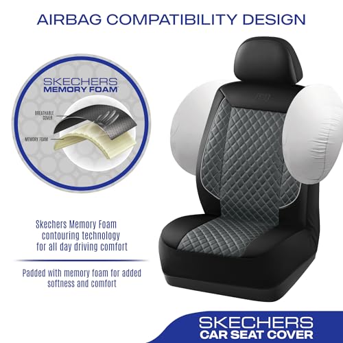 Skechers Car Seat Covers,Piping Luxury Faux Seat Covers,Waterproof Anti Slip Car Seat Protector Front Seats,Car Accessories Airbag Universal Fit for Most Cars,Vans,Trucks,SUV,Gray