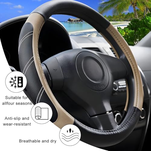 Car Steering Wheel Cover, 15 Inch Carbon Fiber Leather Non-Slip Steering Wheel Protector with Lining, Breathable Automotive Interior Accessories, Universal for SUV RV Truck (Beige)
