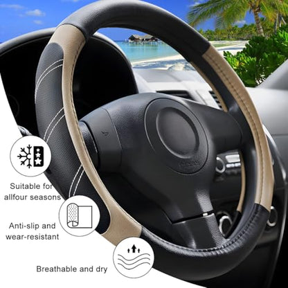 Car Steering Wheel Cover, 15 Inch Carbon Fiber Leather Non-Slip Steering Wheel Protector with Lining, Breathable Automotive Interior Accessories, Universal for SUV RV Truck (Beige)