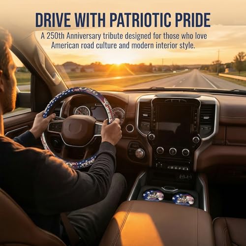 Anniversary American Flag Steering Wheel Cover Anniversary American USA Flag Steering Wheel Cover Car Men Breathable Universal for 14-15 Inch Anti-Slip 2 Pieces Car Coasters - color: 1American Anniversary