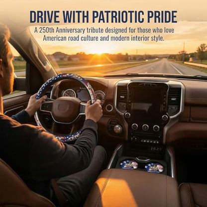 Anniversary American Flag Steering Wheel Cover Anniversary American USA Flag Steering Wheel Cover Car Men Breathable Universal for 14-15 Inch Anti-Slip 2 Pieces Car Coasters - color: 1American Anniversary