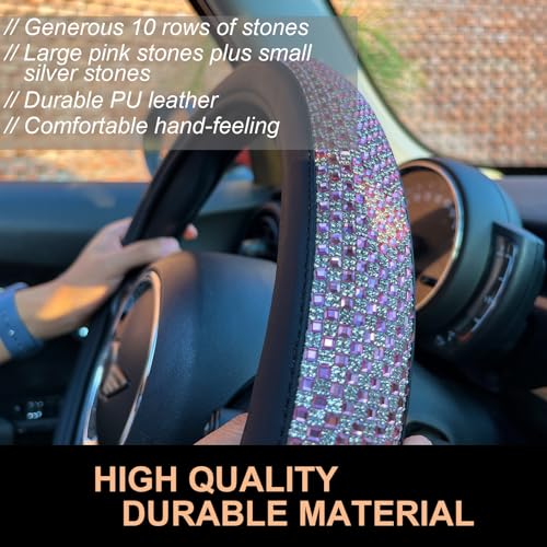 Bling Bling Comfy Steering Wheel Cover with Jumbo Crystal Rhinestones, Anti-Slip Diamond Leather, Universal 15 Inch (Pink)