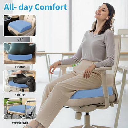 XLarge Seat Cushion, Memory Foam Cushion for Long Sitting Hours on Office Chair, Home & Car, Non-Slip Chair Pad for Relieving Back & Sciatica & Hip & Coccyx Pain (Light Blue)