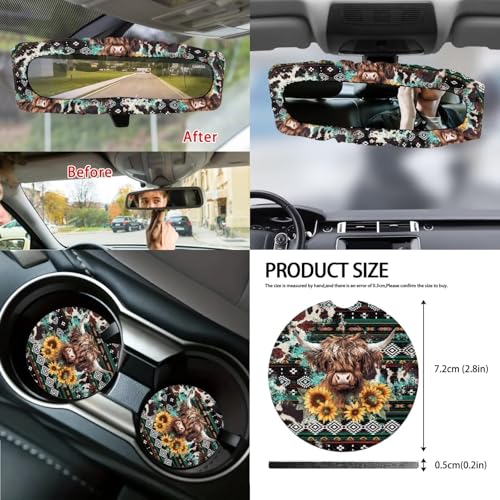 Wanyint Aztec Highland Cow 14-Pack Car Seat Cover Set, Including Steering Wheel, Auto Seatbelt Pads, Cup Coasters, Trash Can, Rear View Mirror Cover, Armrest, Gear Shift Knob - color: Aztec Highland Cow Sunflower