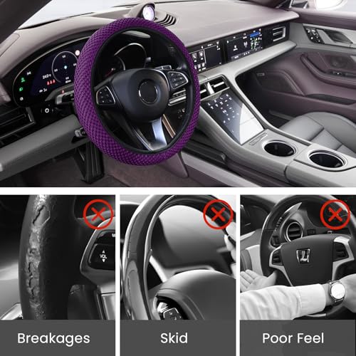 Elastic Stretch Car Steering Wheel Cover, Comfortable Steering Wheel Cover Universal for 14.5-15 Inch, Warm in Winter & Cool in Summer, Anti-Slip Breathable Ice Silk (Purple) - color: Purple