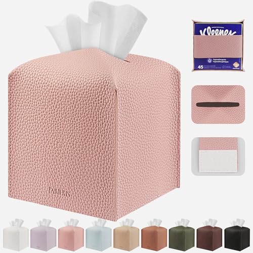 Tissue Box Cover Holder Square Tissue Cube Cover PU Leather Tissue Organizer with Bottom Belt for Bathroom, Tabletop, Car, Night Stands, Office, Home, Kitchen (1, PrettyPink) - color: Prettypink