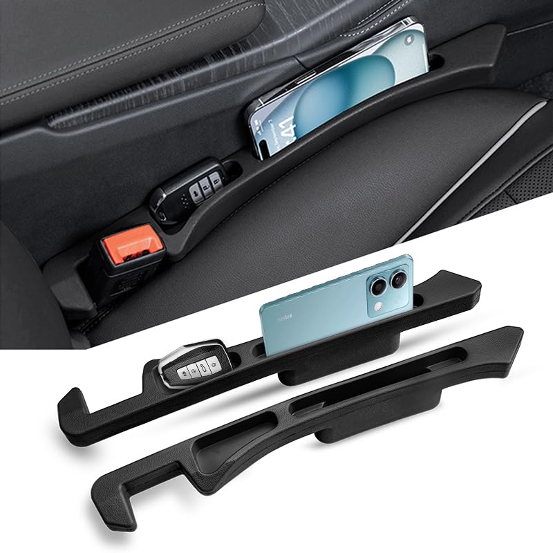 Car seat Gap Filler 2-Piece Multi-Functional Storage Belt with PU Material, seat Side Gap Filler to Prevent Items from Falling, Universal for Cars, SUV, Trucks (Black)