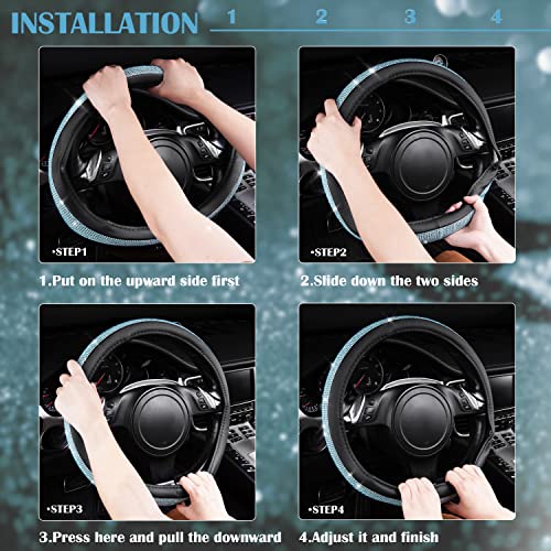 CAR PASS Mint Diamond Black Leather Steering Wheel Cover, Bling Blue Crystal Rhinestones Universal Fit 14"1/2-15" Crystal Glitter for Women Sparkle Girl Fit Suvs,Vans,Sedans,Cars,Trucks, Mint Diamond - color: Mint Diamond