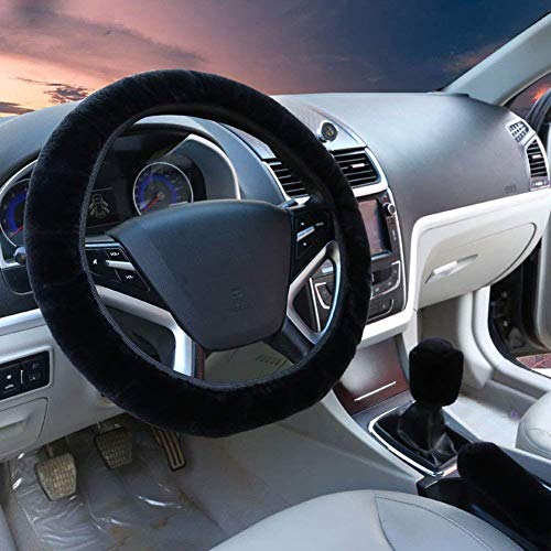 3pcs Soft Plush Car Stretch-On Steering Wheel Cover (13.7in-15.7in Diameter) Winter Faux Wool Car Hand Brake & Gear Lever Cover Set (Plush Black-3pcs) - color: Plush Black - 3 PCS