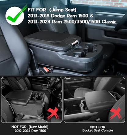 Sinvanho Center Console Cover for 2013-2018 Ram 1500 & 2013-2024 Dodge Ram 2500/3500/1500 Classic Model, PU Leather Armrest Cover Middle Console Cover Accessories with Hidden Pockets, Jump Seat Only - color: Jump Seat Ram 2013+ (Hidden Pocket)