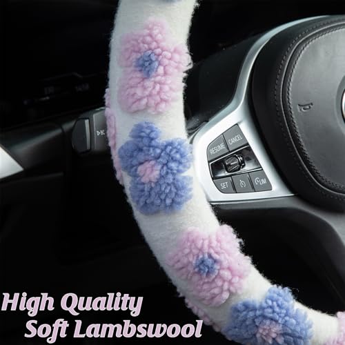 Plush Flowers Steering Wheel Cover Auto Plush Steering Wheel Protector, Anti-Slip, Breathable, Absorbing Sweat, Universal Car Accessories 14.5–15 inch,Fit for Most Car, Trucks, SUV - style: Plush Flowers