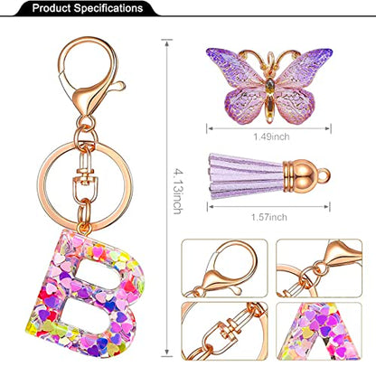 JINGUAZI Initial letter Keychains for Women Tassel Butterfly Pink Purple Cute Car Keychain for Wallet Backpack bag charm - color: B-purple