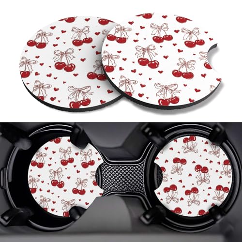 Car Cup Coasters,2 Pack Car Coaster,2.75inch Anti Slip and Absorbent Cars Coasters for Cup Holders,Car Accessories for Women,Cute Decor for Women (Bowknot Cherry) - color: Bowknot Cherry