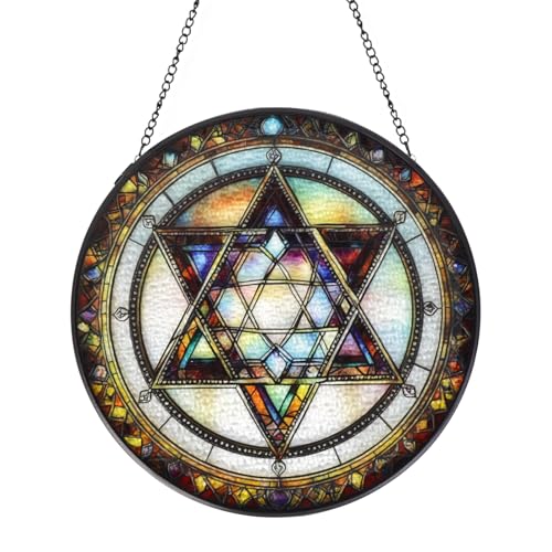 Star of David Stained Glass Window Hanging Suncatcher with Chain - 7.9" Outdoor/Indoor Art Decor for Home Garden, Thanksgiving, Wedding, Mother's, Valentine's & Christmas Ornaments Present - color: Star of David