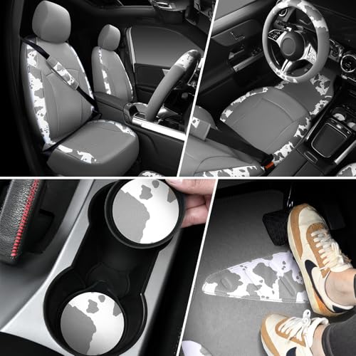 CAR PASS Cow Print Faux Leather Car Seat Covers & Cow Car Mats & Cow Steering Wheel Cover Seat Belt Pads Universal fit for SUV,Van,Saden,Truck Cute Car Accessories Automobile Interior Sets All Gray - color: Cow Print Gray