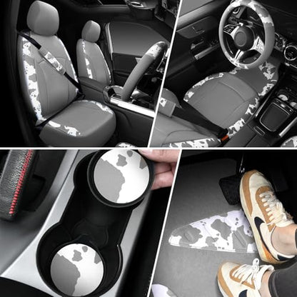 CAR PASS Cow Print Faux Leather Car Seat Covers & Cow Car Mats & Cow Steering Wheel Cover Seat Belt Pads Universal fit for SUV,Van,Saden,Truck Cute Car Accessories Automobile Interior Sets All Gray - color: Cow Print Gray