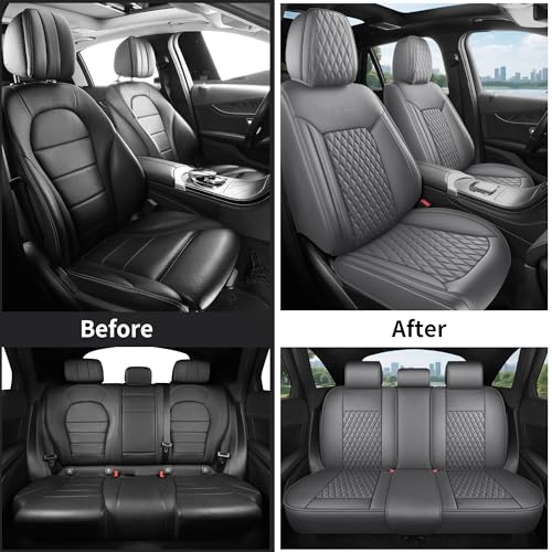 Gray Leather Car Seat Covers Full Set,High-Density Contoured Nappa Leather Universal Precision Fit Seat Cover Solutions,Waterproof Automotive Seat Covers & Accessories,Style1 Gray - color: Gray Full Coverage