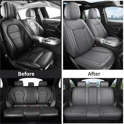Gray Leather Car Seat Covers Full Set,High-Density Contoured Nappa Leather Universal Precision Fit Seat Cover Solutions,Waterproof Automotive Seat Covers & Accessories,Style1 Gray - color: Gray Full Coverage