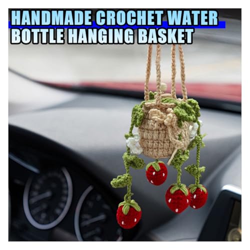 Crochet Hanging Plant Car Pendant - 12ml Empty Refillable Glass Bottle and Cute Potted Plant Car Rear View Mirror Charm - Handmade Knitted Ornament (Strawberry)