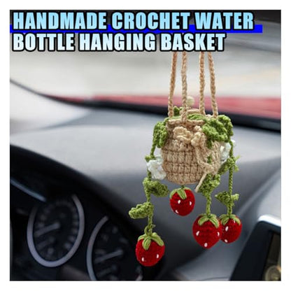 Crochet Hanging Plant Car Pendant - 12ml Empty Refillable Glass Bottle and Cute Potted Plant Car Rear View Mirror Charm - Handmade Knitted Ornament (Strawberry)