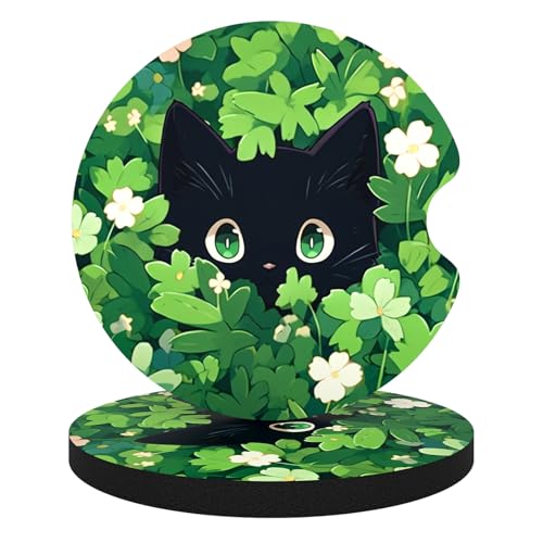 Aiawoxc Car Cup Holder Coasters, 2 Pack Universal Auto Anti Slip Insert Coaster with A Finger Notch, Cute Car Assecories for Women Men, Cup Mat for Most Interior, Green Leaf Cat - color: Green Leaf Cat, size: Rubber