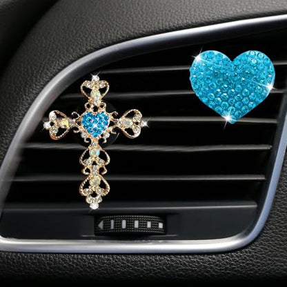 2PCS Bling Cross & Heart Car Dashboard Air Vent Trim Clip, Sparkly Rhinestone Car Air Vent Clips, Diamond Auto Diffuser Charm Clip, Auto Interior Decoration Accessory for Women Girls (Blue) - size: Blue