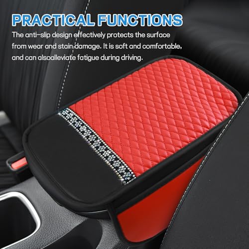 8PCS Car Accessories Set, Bling Leather Car Steering Wheel Cover with Armrest Pad, Seat Belt Cover Pads, Cup Holder Coasters, Gear Shift & Handbrake Covers, Auto Interior Accessories (Red) - color: Red