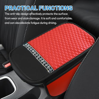 8PCS Car Accessories Set, Bling Leather Car Steering Wheel Cover with Armrest Pad, Seat Belt Cover Pads, Cup Holder Coasters, Gear Shift & Handbrake Covers, Auto Interior Accessories (Red) - color: Red
