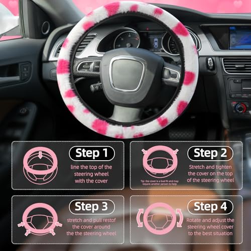SuperKaKa 3PCS Plush Heart Print Steering Wheel Cover,Auto Furry Cute Shift Gear & Hand Brake Covers Soft Warm Universal Car Interior Accessories for Women Men(Pink Heart) - color: Pink Heart