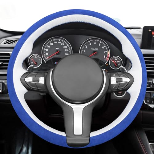 MEWANT Hand-Stitched Steering Wheel Cover for BMW (M Sport) F22 F23 F30 F34 F32 F33 F36 F10 F07 F12 F13 F06 F39 F25 F26 F15 F16, DIY Custom Fit Steering Wheel Wrap for BMW - color: 15:3D blue IT-ALCAN & white leather