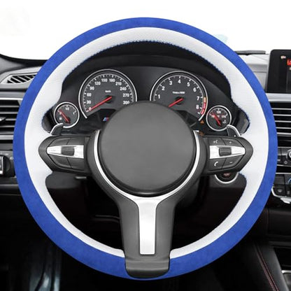 MEWANT Hand-Stitched Steering Wheel Cover for BMW (M Sport) F22 F23 F30 F34 F32 F33 F36 F10 F07 F12 F13 F06 F39 F25 F26 F15 F16, DIY Custom Fit Steering Wheel Wrap for BMW - color: 15:3D blue IT-ALCAN & white leather