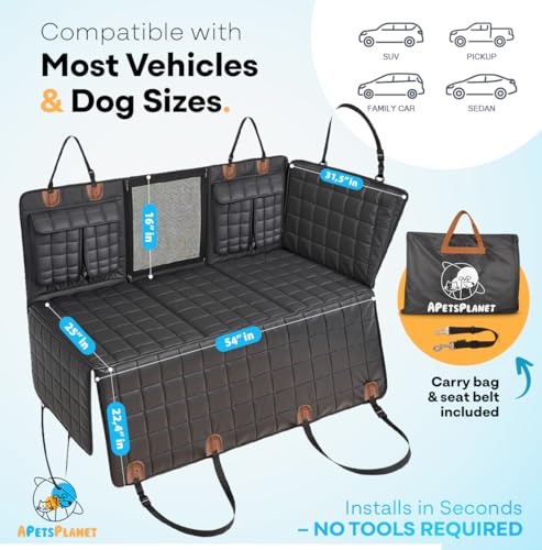 APetsPlanet Backseat Extender for Dogs, Dog Seat Cover Hard Bottom for Car Backseat & Truck Travel Bed, Platform Hammock Mat Converts Rear Seat Into Backseat Bed, Black Leather with Door Covers - style: Black Leather - With Door Covers