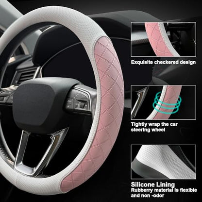LKWLIKEI Nappa Leather Steering Wheel Cover,Elegant Diamond Checkered Design, Non-Slip wear-Resistant, Enhance Driving Comfort, Suitable for Steering Wheel Diameter 14 1/2‘-15’ Models.White and Pink - color: White and pink