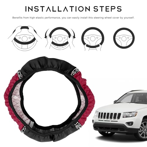 Bling Car Steering Wheel Cover, 15 Inch Sparkly Rhinestone Soft Leather Steering Wheel Protector, Non-Slip Universal Auto Elastic Steering Wheel Covers for Women Girls (Wine Red) - color: Wine Red