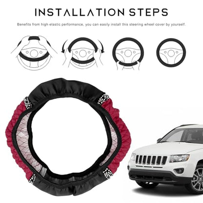 Bling Car Steering Wheel Cover, 15 Inch Sparkly Rhinestone Soft Leather Steering Wheel Protector, Non-Slip Universal Auto Elastic Steering Wheel Covers for Women Girls (Wine Red) - color: Wine Red