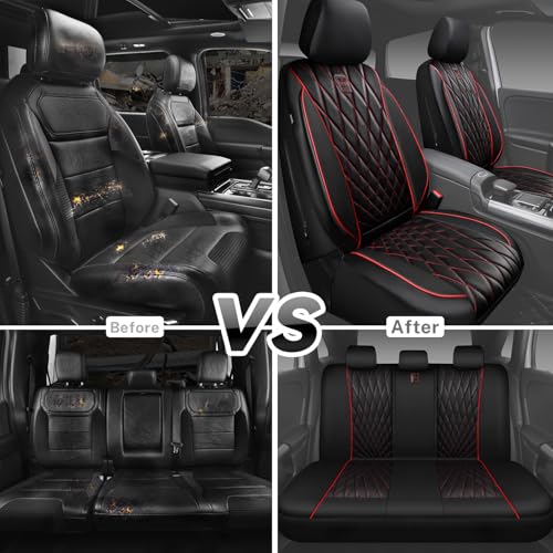 CAR PASS Piping Luxury Leather Seat Covers Full Set,5 Seats Anti-Slip Waterproof Seat Covers Compatible with Front Armrests,Universal Fit for Sendan SUV Van Truck,Airbag Compatible,Black and Red - color: Black with Red, size: Full Set