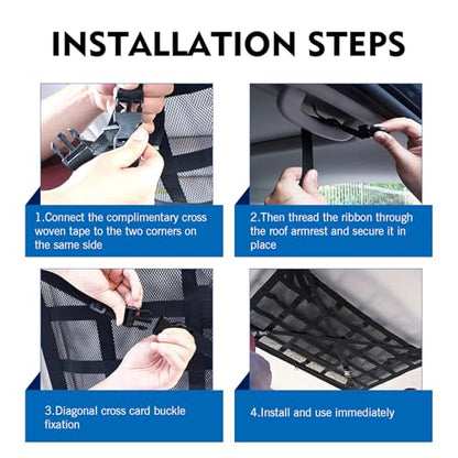 WZP Car Ceiling Cargo Net, 31.5" x 20.9" Double-Layer Mesh Car Roof Storage Ceiling Cargo Net with Adjustable D-Buckle, Universal Auto Accessories for SUVs, Road Trips, Camping Essentials