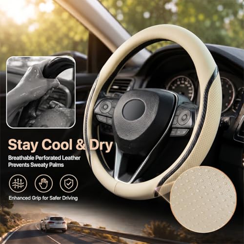 Car Steering Wheel Cover Beige, 14.5-15 inch Steering Wheel Covers with Coasters Microfiber Leather Carbon Fiber Breathable Anti-Slip Durable Universal Auto Steering Wheel Protective - color: beige, size: Medium