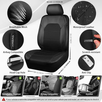 CAR PASS Leather and 3D Air Mesh Universal Fit Car Seat Covers, for Sedans,Trucks,Suvs,Airbag Compatible,Zipper Design and Reserved Opening Holes for Headrest(Full Set, Black and Black)