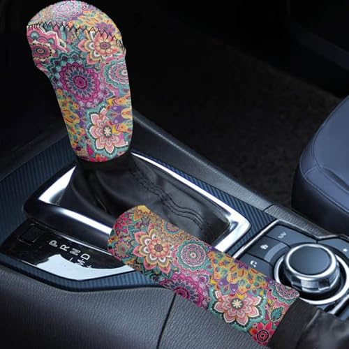 Horeset Colorful Mandala Dahlia Car Handbrake Cover Gear Shift Knob Cover Set Universal for Car Auto SUV Interior Decoration Accessories 2PCS - color: Colorful Mandala Dahlia