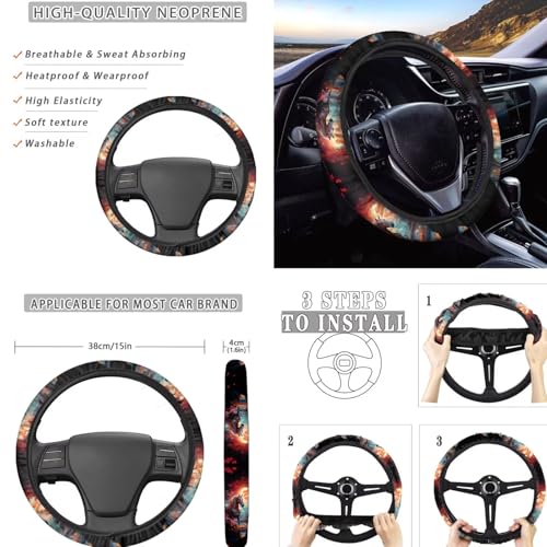 Horse Flower Printed 15 Pcs Car Seat Cover Set, Protective Car Accessories Set Front Rear Seat Covers Seat Belt Covers Steering Wheel Cover Car Headrest Cover Car Coaster - color: Brown and Black-Horse Flower