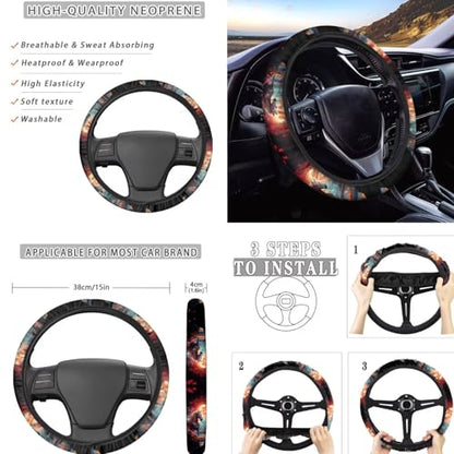 Horse Flower Printed 15 Pcs Car Seat Cover Set, Protective Car Accessories Set Front Rear Seat Covers Seat Belt Covers Steering Wheel Cover Car Headrest Cover Car Coaster - color: Brown and Black-Horse Flower