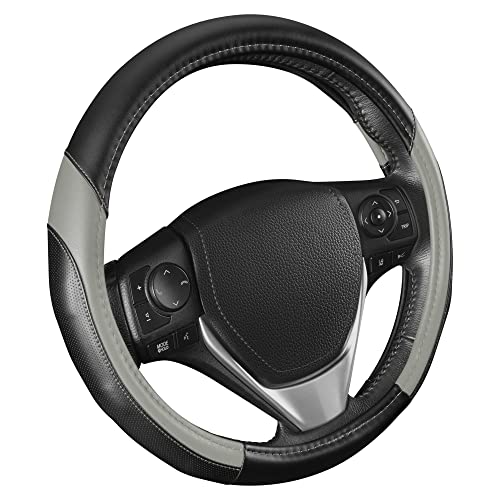 Motor Trend SportDrive Faux Leather Steering Wheel Cover, Standard 15 inch Size, Two-Tone Black & Light Gray, Car Steering Wheel Cover for Truck Van SUV Auto - color: Light Gray Sport Drive, size: Fits 14.5 - 15" SW