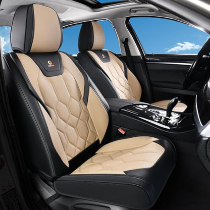 Huidasource Seat Covers Full Set, Universal Fit for Most Cars SUV Trucks, Full Coverage Leather Seat Cover, Airbag, Cupholder Compatible, Seat Function Retain, Easy Install with Velcro, Black & Beige - color: FS: Black&Beige, size: Full Set