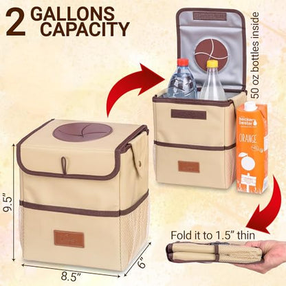 Car Trash Can [Touring Edition] - Removable Liner - 100% Leakproof, Odor Control Lid, Hanging Garbage Bin for SUV, Truck, Car (2 Gal, Beige)