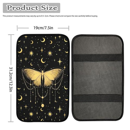 Gold Butterfly Moon Stars Car Center Console Cover,Car Armrest Cover Cushion,Universal Car Armrest Storage Box Car Interior Accessories - color: Gold Butterfly Moon Stars