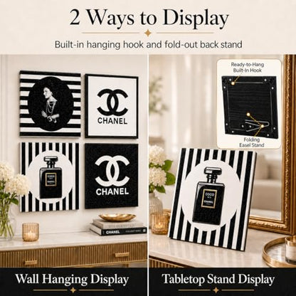PROBENEX Glam Wall Art Set of 4, Real Wood Black & White Fashion Decor, Small 8x8 Framed Artwork for Bedroom Vanity Dressing Room, Glitter Finish, Hang or Tabletop Stand, Pink Gift Packaging
